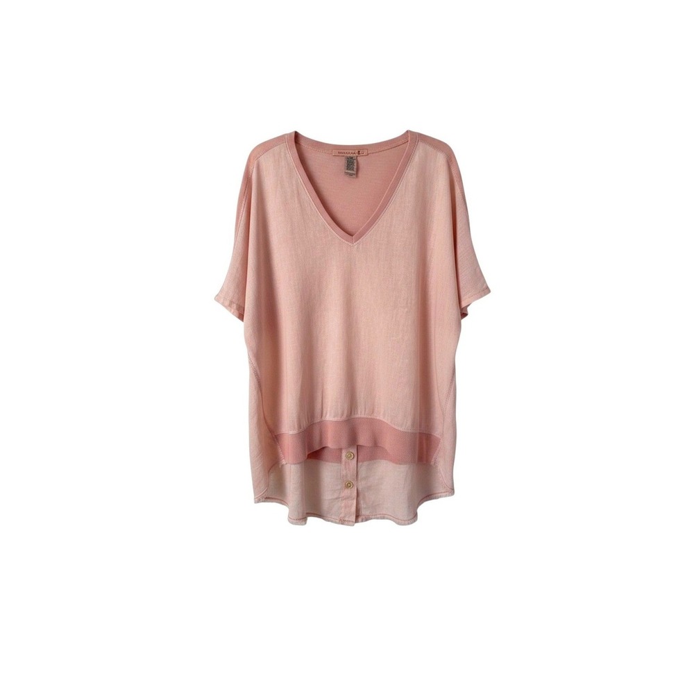 Wearables Pink Linen Cotton V-Neck Tunic Top Dolman Sleeve Hi-Lo Hem Relaxed L